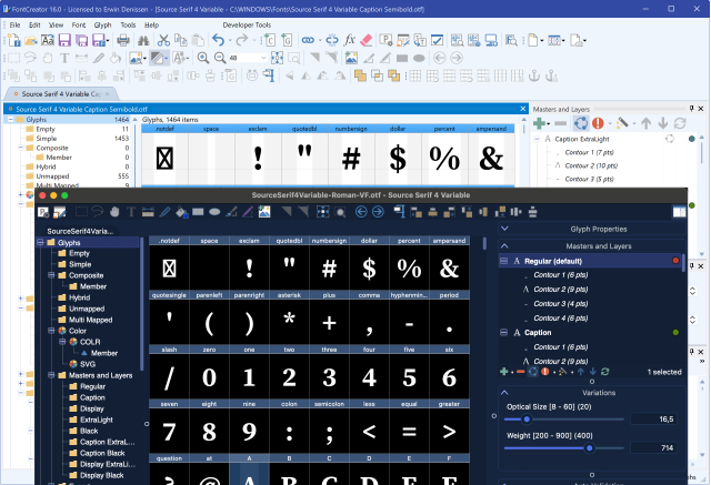 The FontCreator font editor open on a Windows PC and a Mac, displaying the same font project.