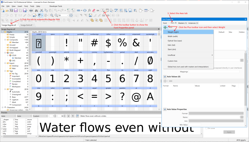 FontCreator Font Properties panel, Axes tab, adding a Weight axis via the plus icon.
