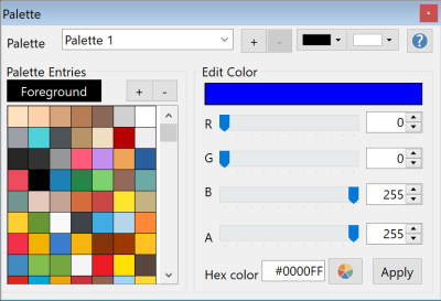 FontCreator color-palette management, showing color entries, RGBA/hex editors, and the foreground entry.