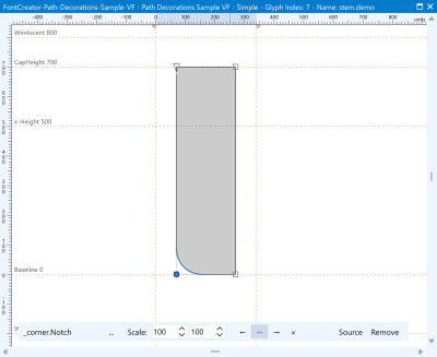 FontCreator corner point after a notch Corner Decoration is applied, showing the designed finish and the decoration indicator.