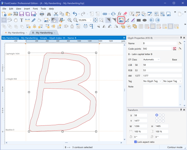 The Import Raster Image dialog showing a scanned handwritten B before tracing.