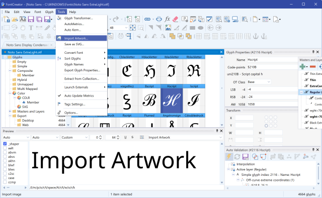 The Import Artwork dialog in FontCreator with an SVG outline file ready to import.