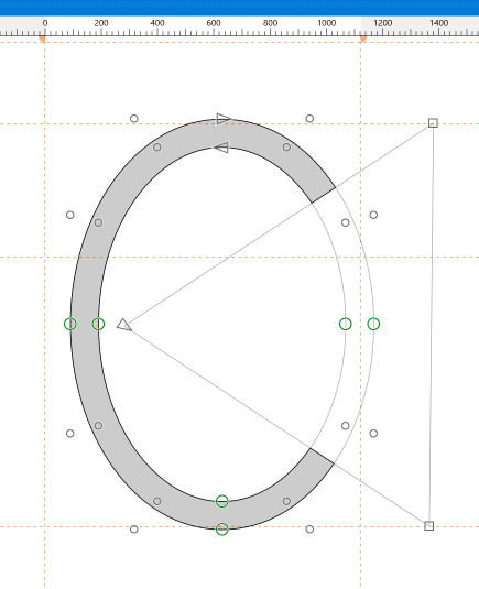 FontCreator 16 glyph editor: a contour marked as a mask subtracts from the surrounding outline, producing a hole in the glyph shape.