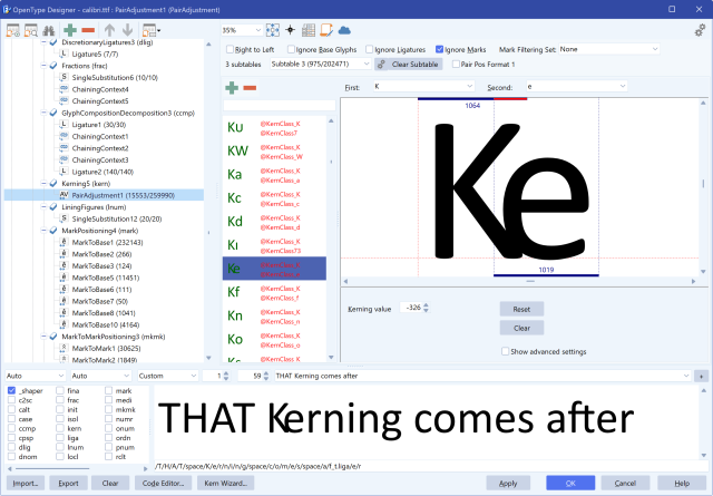 FontCreator proofing window showing the last applied lookup for a selected glyph.