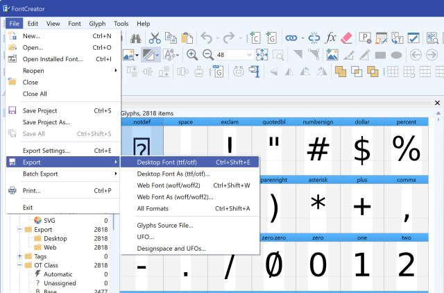 FontCreator File menu open, showing the Export Font and Export Font As submenus for choosing an output format.