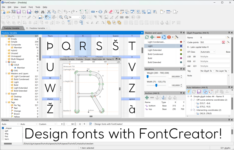 FontCreator interface overview &ndash; professional font-editor showing glyph panels, preview window and TrueType/OpenType tools