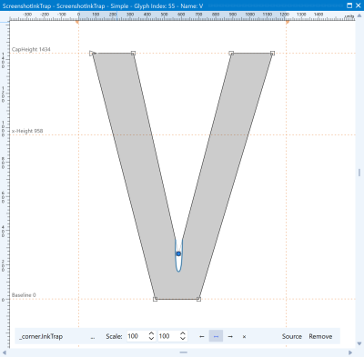 The V after _corner.InkTrap has been applied, showing the cut at the interior joint and the decoration indicator.