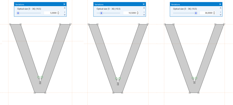 Segoe UI Variable at optical sizes 5, 10.5, and 36. At smaller optical sizes, the inner junction of the V is opened to keep the shape clear at small text sizes.