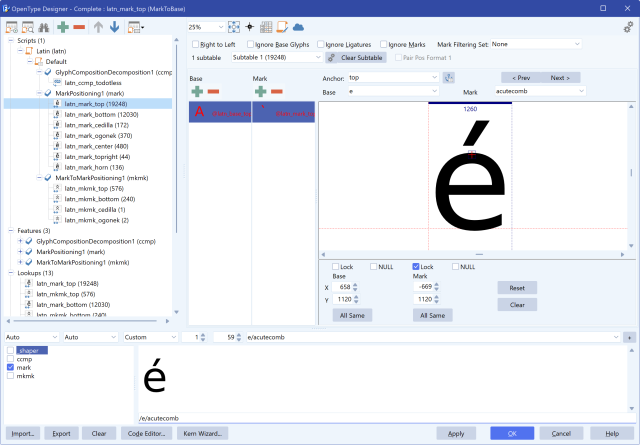 FontCreator OpenType Designer mark positioning features generated.