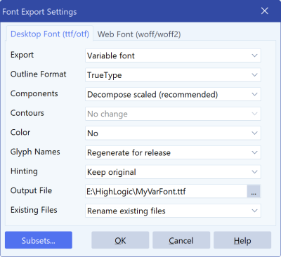 FontCreator Export Settings dialog with the Subsets button and the open Subset window for slicing a variable font.