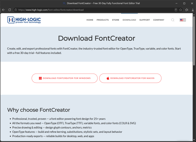 FontCreator download page with one button for Windows and one for macOS.