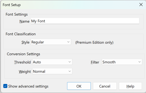 Scanahand Font Generation Setup dialog for normal font