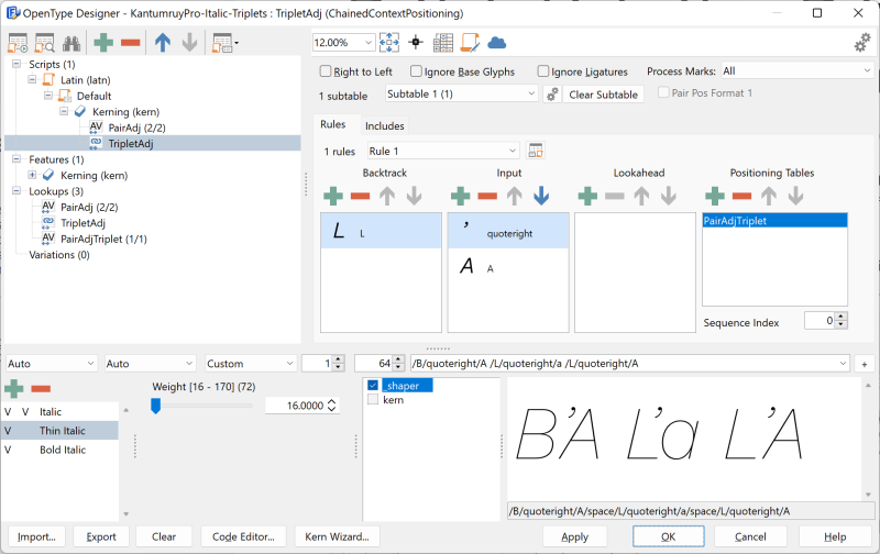 FontCreator OpenType Designer with the kern feature expanded showing the PairAdj, PairAdjTriplet and TripletAdj lookups.