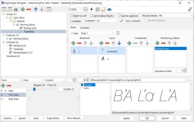 FontCreator OpenType Designer with the kern feature expanded showing the PairAdj, PairAdjTriplet and TripletAdj lookups.