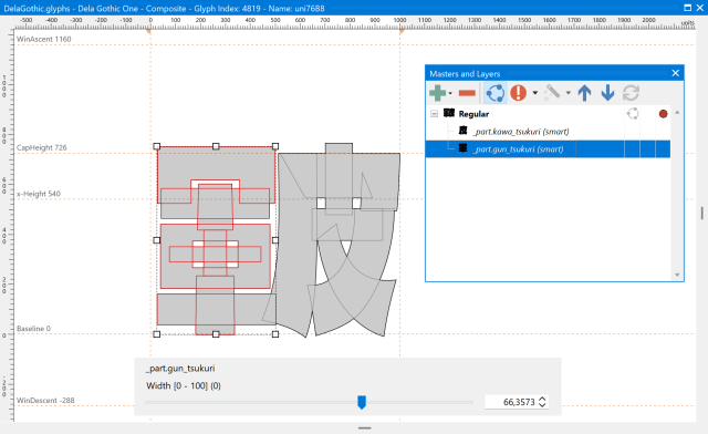 FontCreator 16 glyph editor: a smart component with internal axes, instanced at different positions in different host glyphs to produce variations from a single source.
