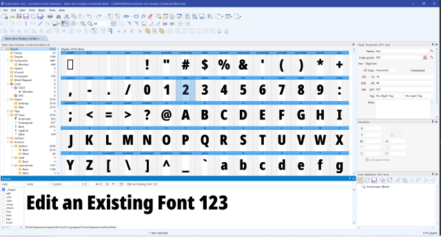 The Font Overview grid in FontCreator displaying the glyphs of an opened existing font.