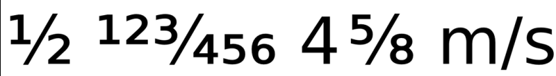 Text preview showing the rsub frac method rendering fractions correctly while leaving m/s and stray digits unchanged.