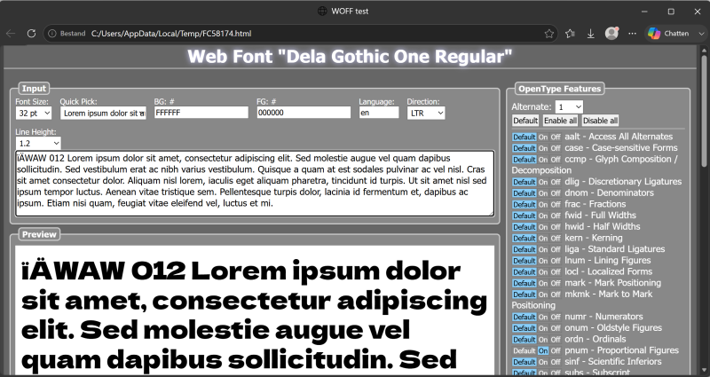 Locally generated FontCreator Test Web Font preview page in a browser, with default, on, and off buttons for toggling each OpenType layout feature.