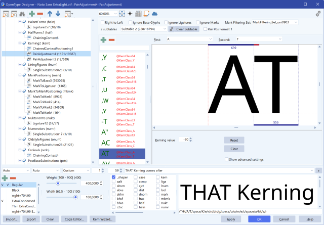 FontCreator OpenType Designer showing a kerning pair and its kerning value input.