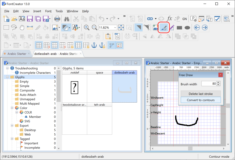 FontCreator Glyph Edit window showing the twodotsabove-arab mark with a mark anchor placed below it and a base anchor above it.