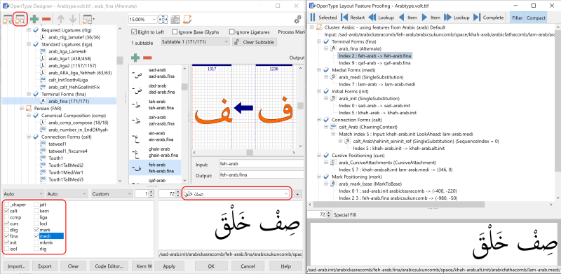 The FontCreator proofing toolbar showing step controls including Restart and Complete.