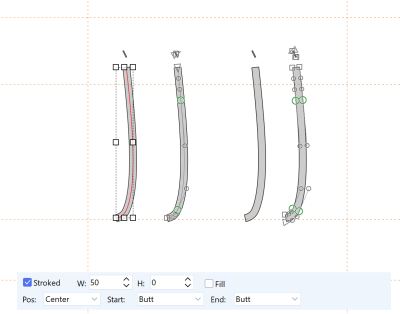 FontCreator Glyph Edit window showing a lowercase l centerline path beside its stroked filled letter, with the stroke bar.