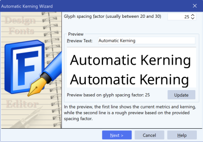 FontCreator Automatic Kerning Wizard with the glyph spacing factor and exclusion checkboxes visible alongside a preview.