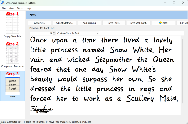 Scanahand preview text of the generated bold font