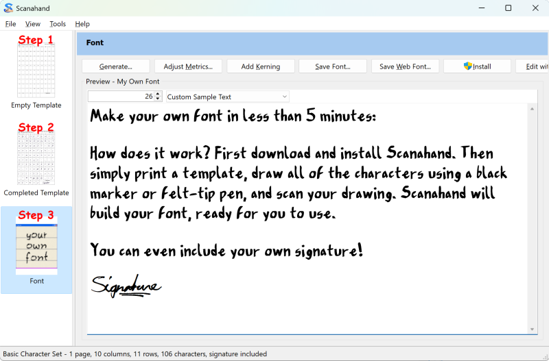 Scanahand interface overview &ndash; font generator showing preview of a handwriting font