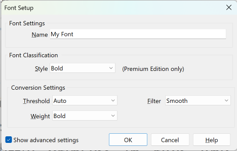 Scanahand Font Generation Setup dialog for bold font