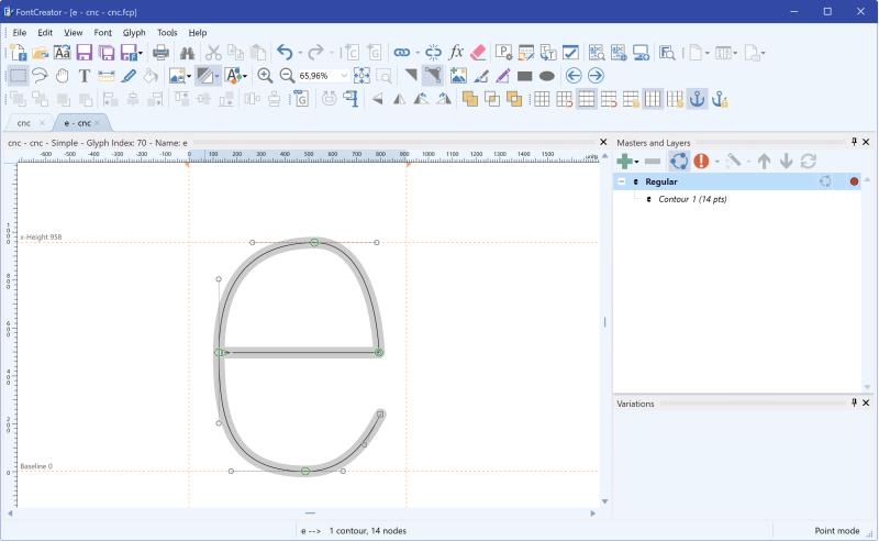 FontCreator Glyph Edit window drawing a lowercase e as a single open centerline path with on-curve points and no fill.