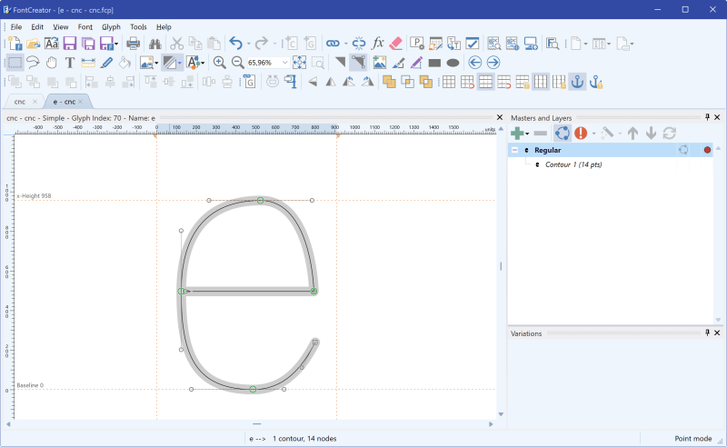 FontCreator Glyph Edit window drawing a lowercase e as a single open centerline path with on-curve points and no fill.