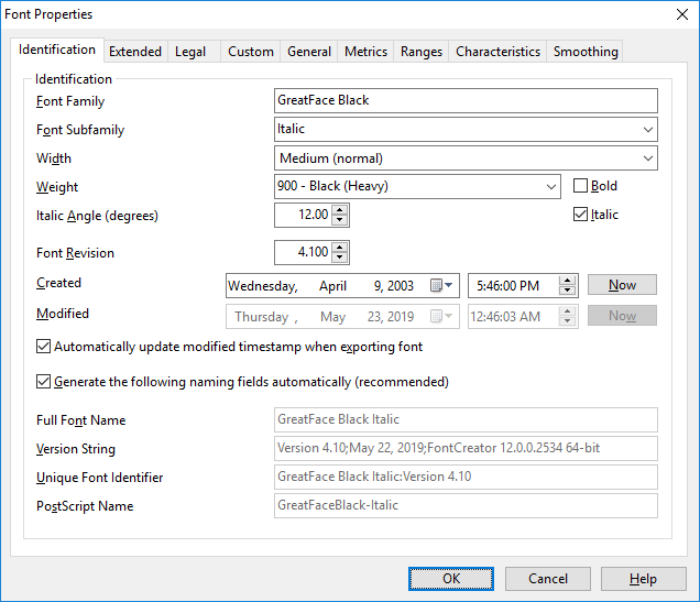 Font Properties Identification tab showing Font Family, Subfamily, Width, Weight, and the Bold and Italic style flags.