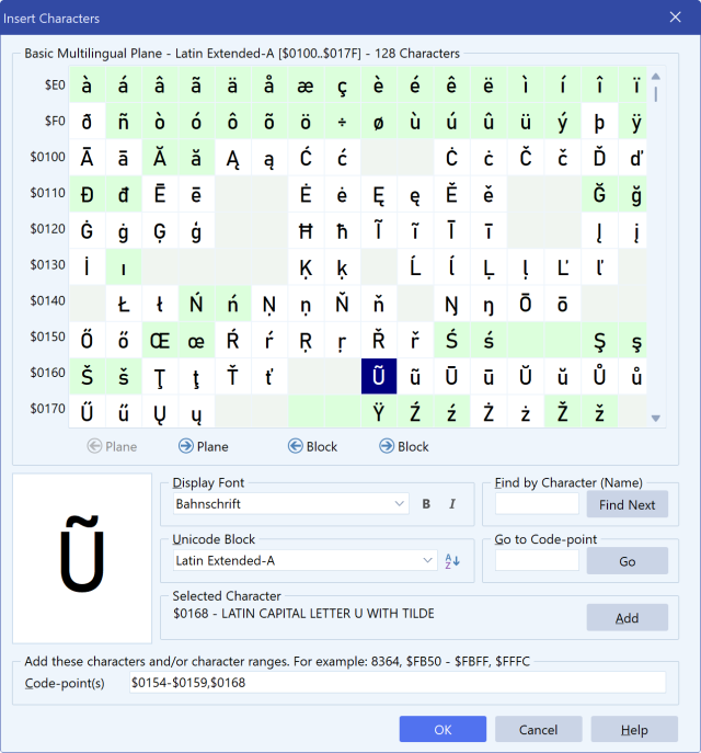 FontCreator Insert Characters dialog showing a Unicode block, the Go to code-point and Find by Character fields, and selected codepoints listed at the bottom.