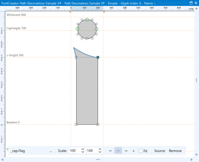 FontCreator stem terminal after a Cap Decoration is applied, spanning the two adjacent nodes.